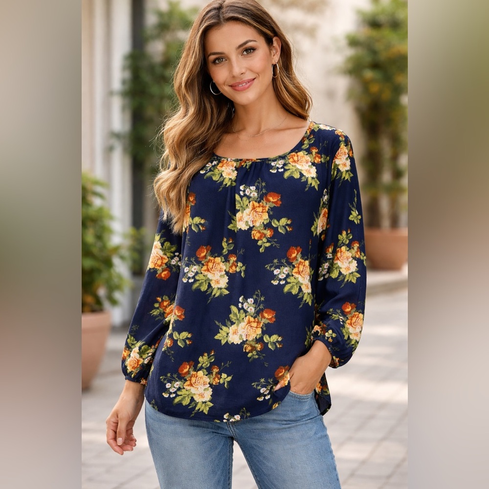 American City Wear Floral Blouse - Navy and Orange